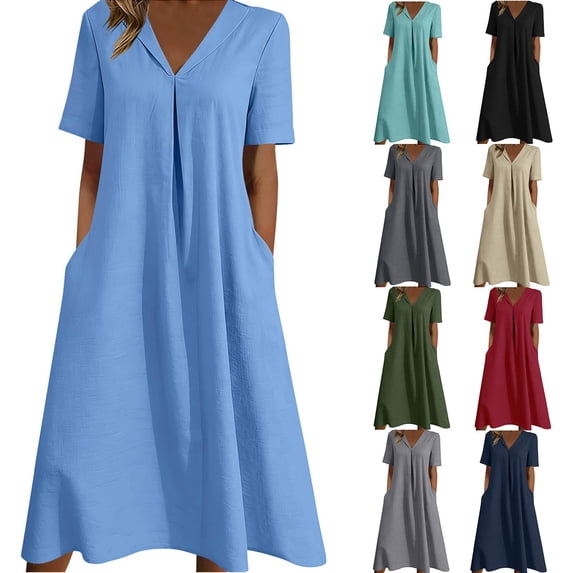 Taqqpue Women Linen Dress V Neck Short Sleeve Sundress Loose Fit Casual Beach Vacation A Line Dress Solid Color Plus Size Dresses with Pockets for Women
