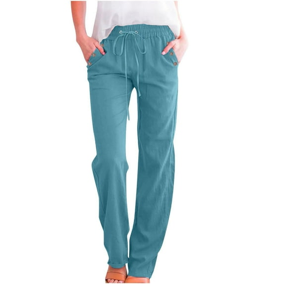 Taqqpue Women Linen Pants Casual Solid Color Elastic Waist Drawstring Pants Loose Fit Straight Leg Trousers for Women with Pockets