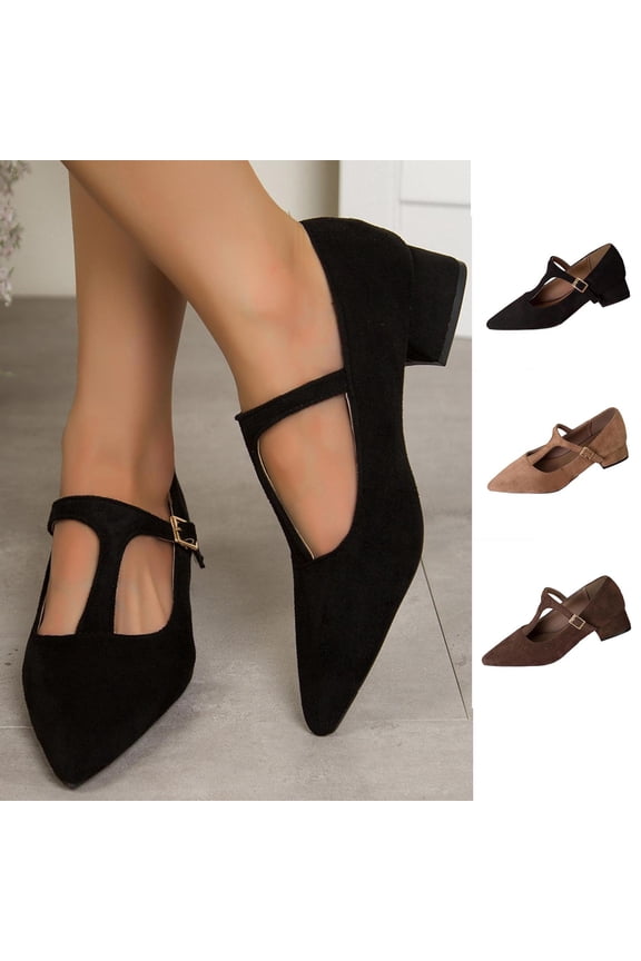 Women Loafer Shoes Women's Fashion Casual Oversized T-bar Pointed Toe Flats French Thick Heel Mid-Heel Shoes Flat Shoes for Women