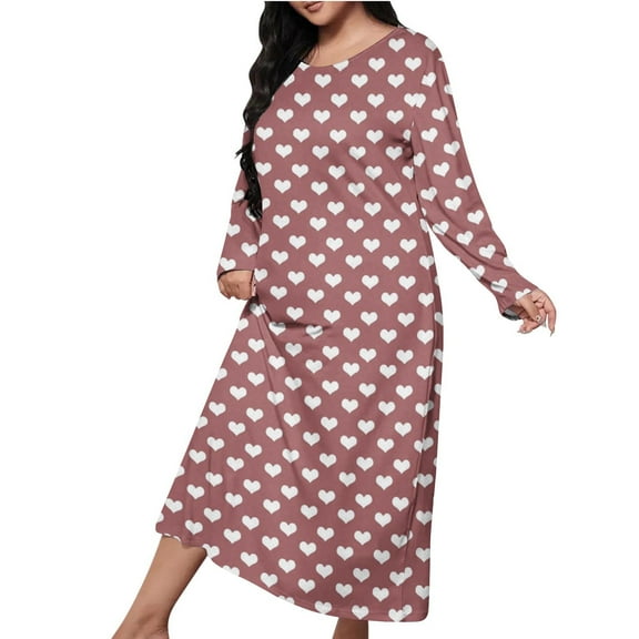 Taqqpue Women Long Nightgowns Casual Printed Crew Neck Long Sleeve Sleepwear Pajamas Loose Fit Plus Size Sleepshirts Home Dress for Women