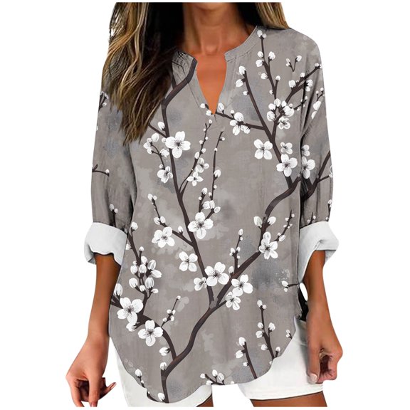 Taqqpue Women Long Sleeve Shirt Casual Floral Print V Neck T-Shirts Loose Fit Flowy Plus Size Tunic Tops