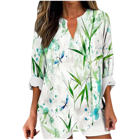 Taqqpue Women Long Sleeve Shirt Casual Floral Print V Neck T-Shirts Loose Fit Flowy Plus Size Tunic Tops