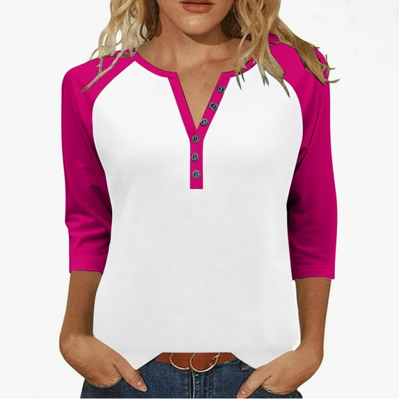 Taqqpue Women Long Sleeve Shirts Casual Color Block V Neck Button Pullover T Shirts Fall Winter Loose Fit Plus Size Blouse Tops for Women