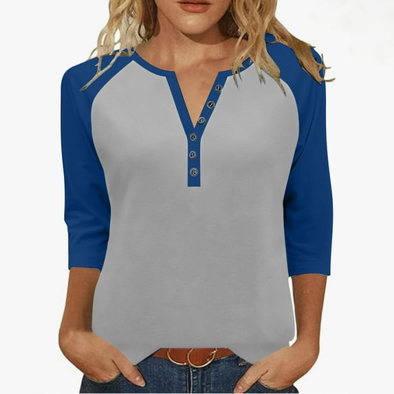 Taqqpue Women Long Sleeve Shirts Casual Color Block V Neck Button T Shirts Fall Winter Loose Fit Plus Size Blouse Tops
