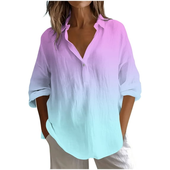 Taqqpue Women Long Sleeve Shirts Casual Solid Color Button V Neck T Shirt Loose Fit Plus Size Blouse Tops