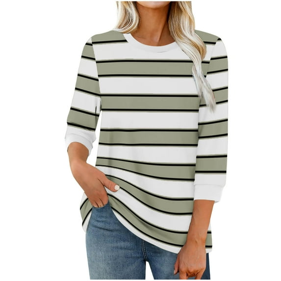 Taqqpue Women Long Sleeve Shirts Casual Striped Printed Crew Neck T Shirts Fall Plus Size Blouse Tops for Women