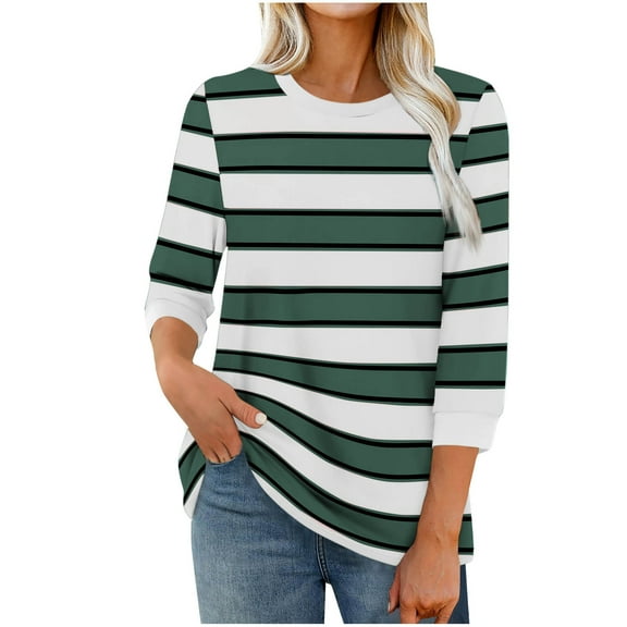 Taqqpue Women Long Sleeve Shirts Casual Striped Printed Crew Neck T Shirts Fall Plus Size Blouse Tops for Women