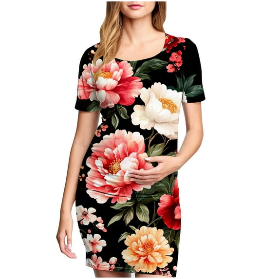 Taqqpue Women Maternity Dress Bodycon Mini Short Sleeve Crew Neck Printed Cocktail Pregnancy Maternity Clothes Dresses Baby Shower Daily Wear