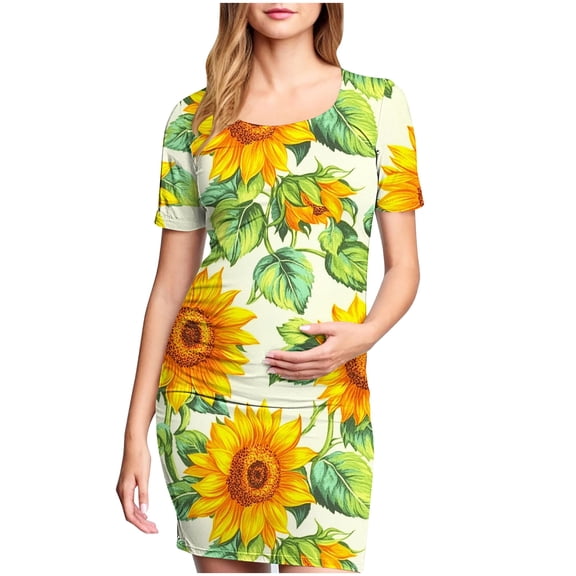 Taqqpue Women Maternity Dress Bodycon Mini Short Sleeve Crew Neck Printed Cocktail Pregnancy Maternity Clothes Dresses Baby Shower Daily Wear