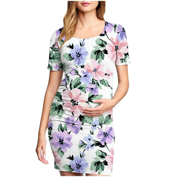 Taqqpue Women Maternity Dress Bodycon Mini Short Sleeve Crew Neck Printed Cocktail Pregnancy Maternity Clothes Dresses Baby Shower Daily Wear