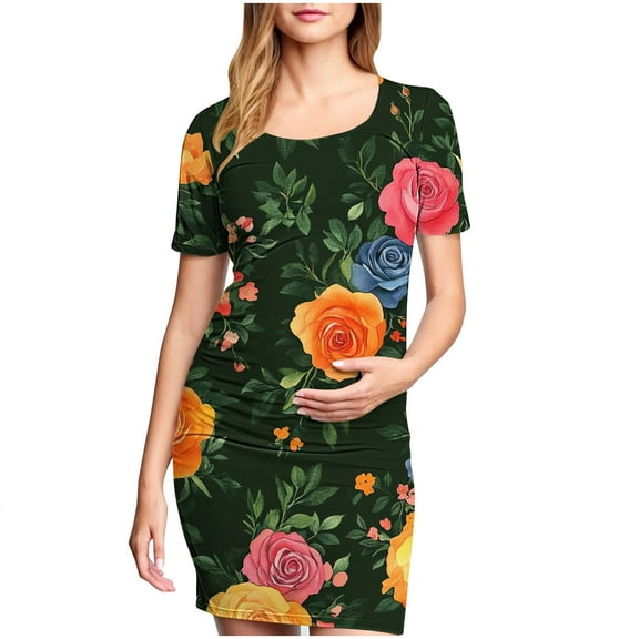 Taqqpue Women Maternity Dress Bodycon Mini Short Sleeve Crew Neck Printed Cocktail Pregnancy Maternity Clothes Dresses Baby Shower Daily Wear