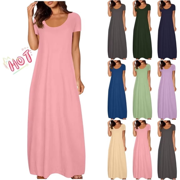 Taqqpue Women Maxi Dress Casual Solid Color Short Sleeve Crewneck Dress Flowy Swing Plus Size Beach Vacation Sundress Loose Fit Long Dress for Women