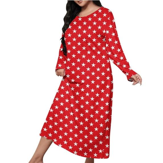 Taqqpue Women Nightgowns Casual Printed Crew Neck Long-Sleeve Sleepshirts Pajamas Loose Fit Plus Size Long Sleepwear Night Dresses