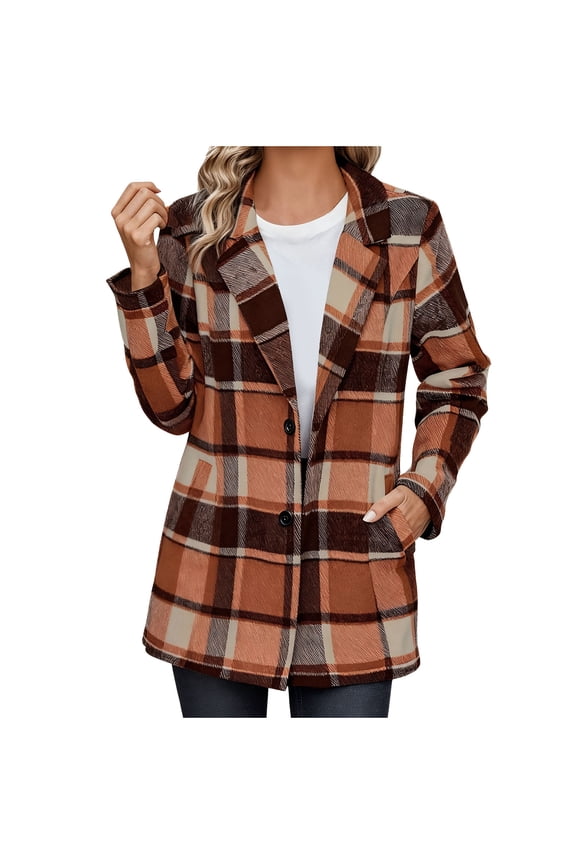 Women Plaid Shacket Jacket Fall Casual Button Blend Tartan Trench Coat Winter Plus Size Outwear Tops with Pockets
