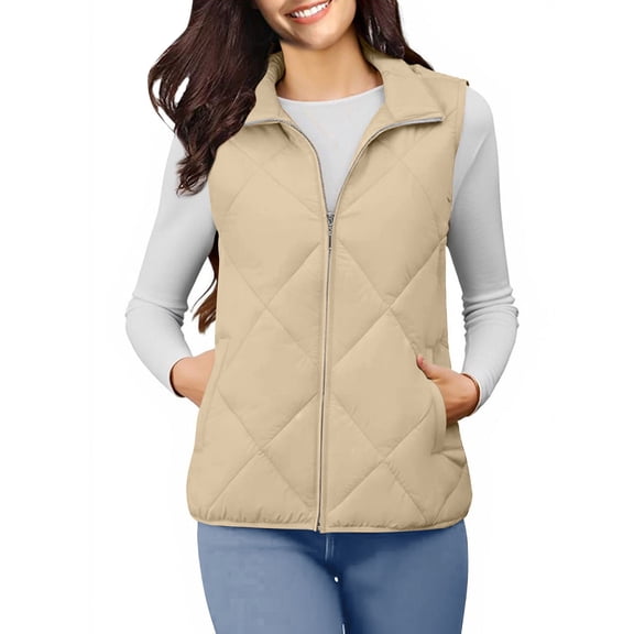 Taqqpue Women Puffer Vest Solid Color Sleeveless Zip Up Stand Collar Padded Outerwear Winter Warm Oversize Jackets with Pockets S-XXXL