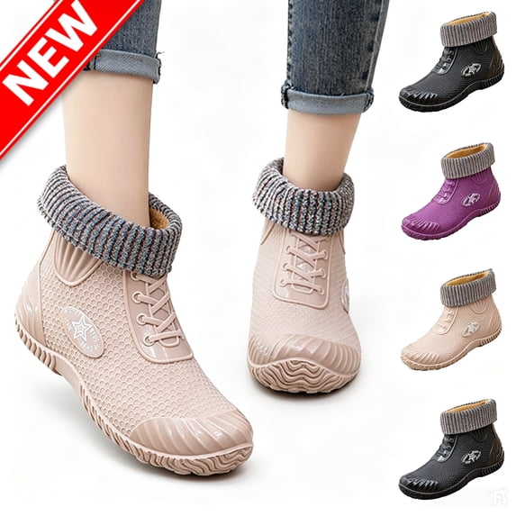Taqqpue Women Rubber Boots Wide Calf Rain Boots Round-Toe Waterproof Fleece-Lined Warm Comfortable Short Rain Boots Mid Height Rain Shoes for Outdoor Gardening Work Walking