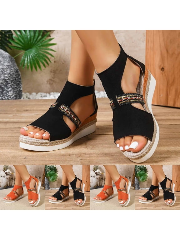 Women Sandals Flats Open Toe Women's Fashionable Casual Outerwear Versatile Plus Size Bohemian Ethnic Style Peep Toe Open-Toe Back Zip Wedge Sandals