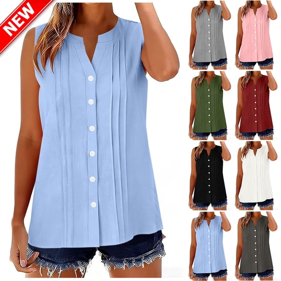 Taqqpue Women Sleeveless Linen T Shirts Casual Solid Color V Neck Button Down Tank Tops Loose Fit Plus Size Blouse Top for Women