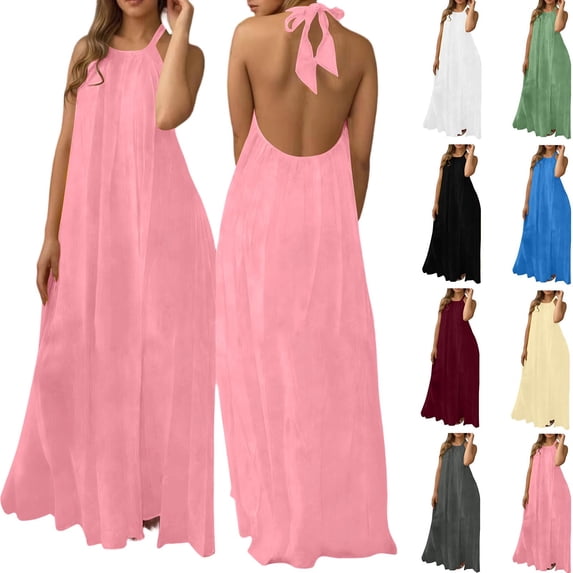 Taqqpue Women Summer Casual Sleeveless Maxi Dress 2026 Crewneck Loose Beach Travel Vacation Long Sundress Solid Color Plus Size Halter Dress for Women