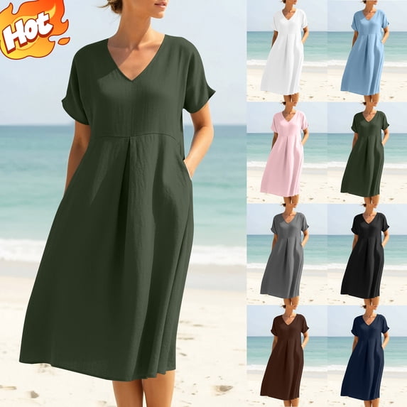 Taqqpue Women Summer Dress Solid Color Puff Short Sleeve V Neck Long Dresses for Women Casual A Line Midi Sundress Flowy Tiered Hem Maxi Wedding Guest Dress with Pockets
