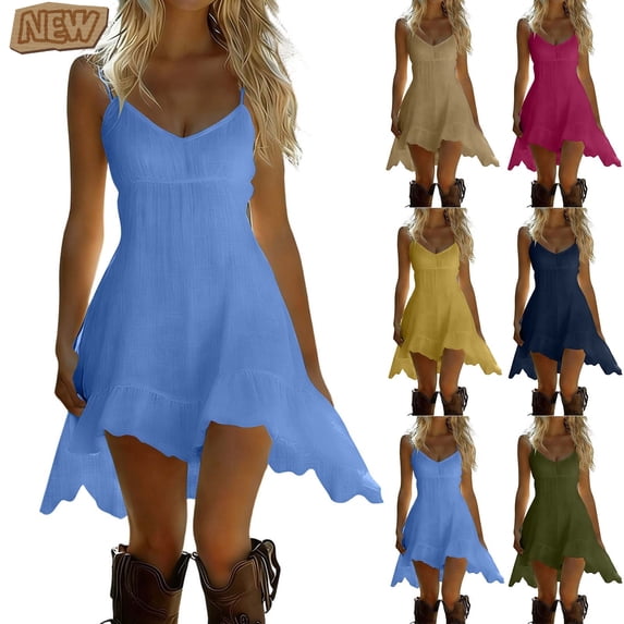 Taqqpue Women Summer Dresses Casual Solid Color V-Neck Sleeveless Sundresses Loose Spaghetti Strap Tank Dress Flowy Swing Vacation Beach T Shirt Dresses for Women