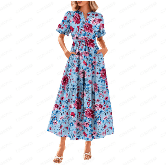 Taqqpue Women Summer Floral Midi Dresses Casual Boho Puff Short Sleeve V Neck Belt Dresses Flowy Maxi Beach Vacation Dress