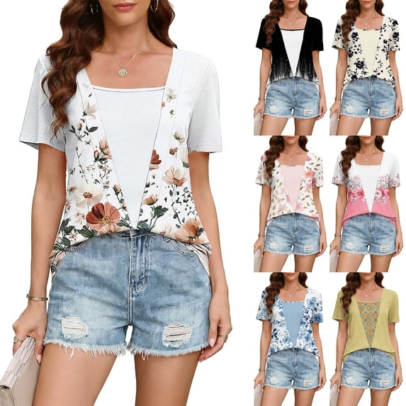 Taqqpue Women Summer Tops Casual Printed Crewneck Short Sleeve Blouse Shirts Loose Fit Oversize Tees Beach Vacation T Shirt for Women S- XXXL