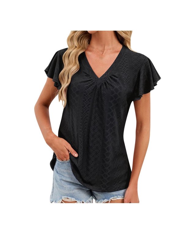 Women Summer Tops Solid Color V Neck Flutter Short Sleeve T Shirts Loose Fit Flowy Plus Size Blouse Tops Beach Tees for Women