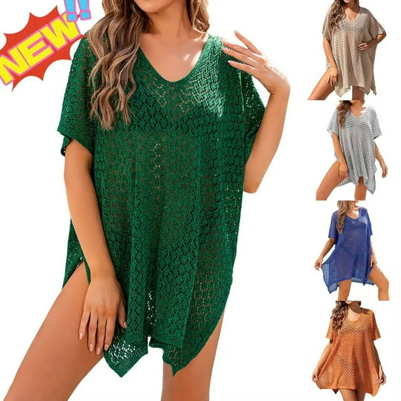 Taqqpue Women Swimsuit Crochet Cover Up Hollow Out Bathing Suit Coverup Solid Color V Neck Swimwear Side Split Plus Size Beach Dress