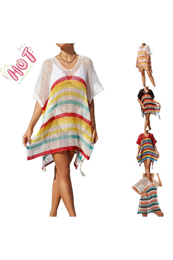 Women Swimsuit Crochet Swim Cover Up Summer V Neck Bathing SuitVacation Outfits Swimwear Mesh Knit Plus Size Beach Dress
