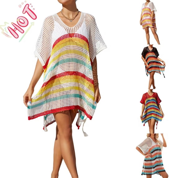 Taqqpue Women Swimsuit Crochet Swim Cover Up Summer V Neck Bathing SuitVacation Outfits Swimwear Mesh Knit Plus Size Beach Dress