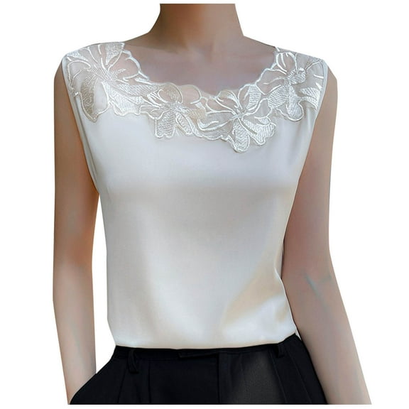 Taqqpue Women Tank Tops Satin Contrast Lace Crew Neck Sleeveless Blouse Appliques Summer Tees Casual Silk Shirts Loose Fit Solid Going Out Tops Basic Tank Shirt