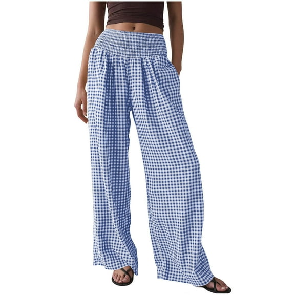Taqqpue Women Wide Leg Pants Casual Elastic High Waist Striped Gingham Boxer Pants Lightweight Comfy Straight Baggy Lounge Pants Trousers with Pockets