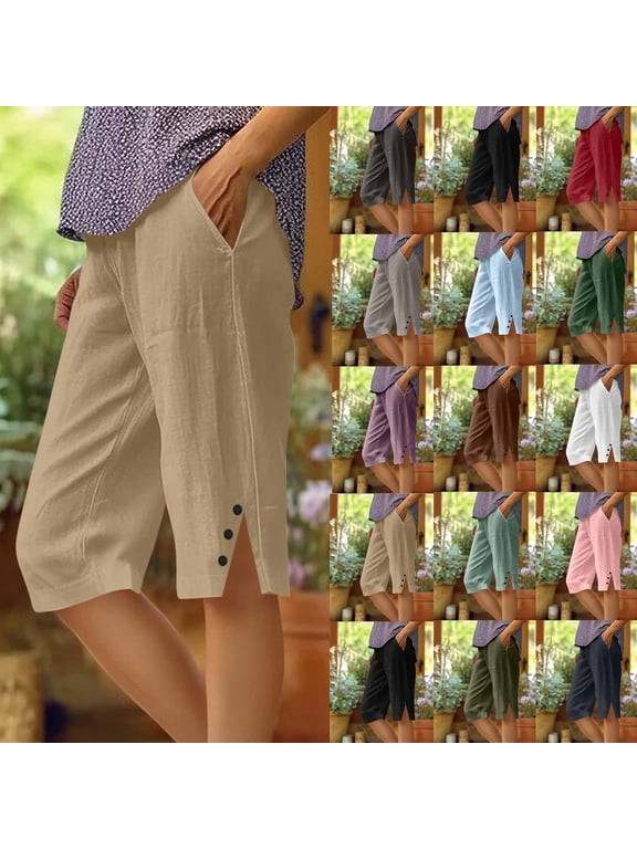 Women's 15" Hiking Shorts Long Bermuda Cargo Capris Knee Length Lightweight Shorts Quick Dry Elastic Waist Linen Shorts for Casual