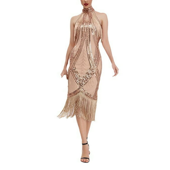 Taqqpue Women's 1920 Vintage Sleeveless Sequin Dress Sexy Sequin Beaded Tassels Hem Bodycon Midi Dress Sparkly Glitter Flapper Dress Wedding Guest Dresses Party Club Night Evening Cocktail Dresses