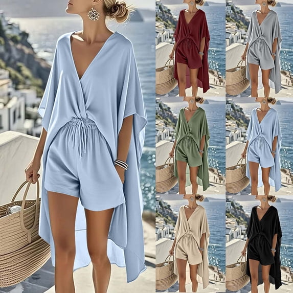 Taqqpue Women's 2 Piece Outfits Cloud Fabric V Neck Batwing Sleeve Irregular Hem Cover Up Top with Drawstring Waist Pocket Shorts Summer Beach Loungewear Set for Women