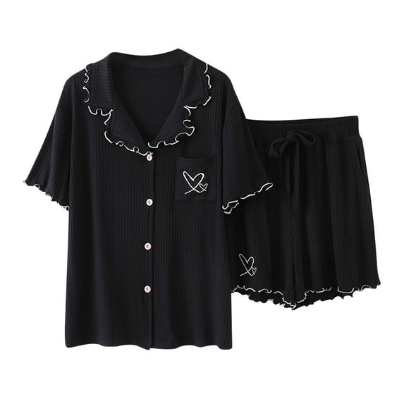 Taqqpue Women's 2 Piece Pajama Set Matching Pjs Sets Ruffle Short Sleeve Button Down Pocket Sleepwear Modal Soft Shirt Top and Shorts Lounge Set