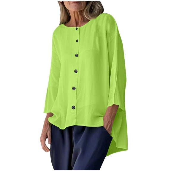 Taqqpue Women's 3/4 Sleeve Shirts Summer Button Down Crew Neck Blouse Casual Loose Fit Ladies Tees Tops