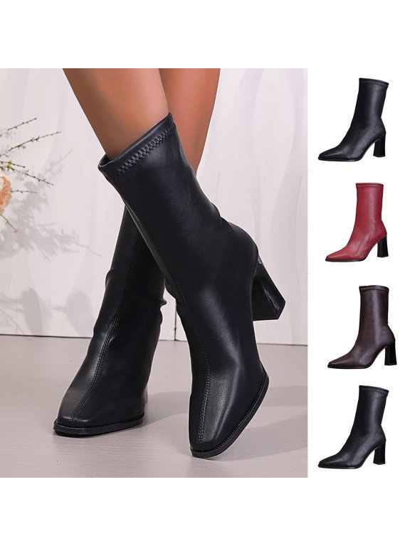 Women's Ankle Boots Square Toe Back Zip Slip On Mid Heel Height Increasing Comfortable Booties for Women Size 5.5-10.5 Fashion Dress Shoes Fall Winter Footwear Casual Walking