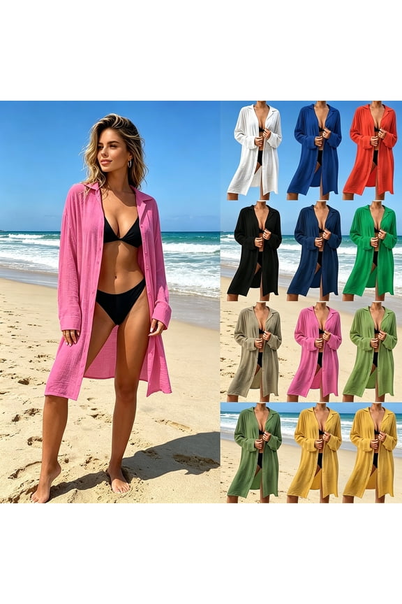 Women's Beach Cover up Long Sleeve Button Down Beach Shirts Summer Swimsuit Solid Color Kimono Cardigan Casual Beachwear Bathing Suit Sun Protection Swimsuit Coverup for Women