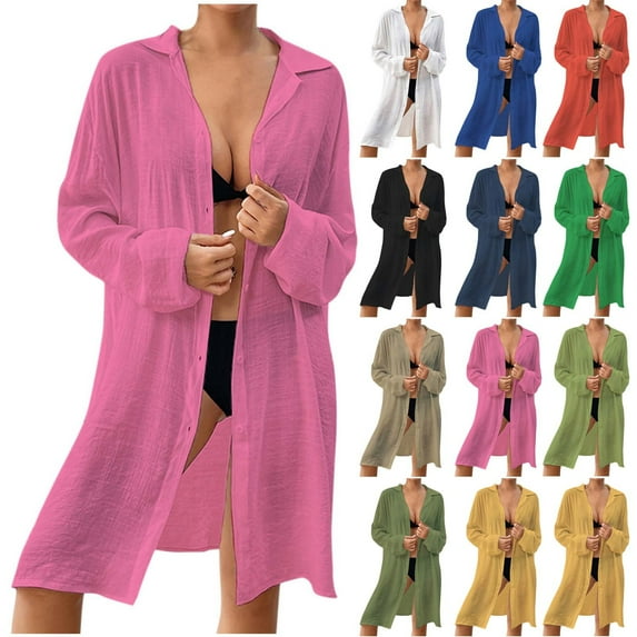 Taqqpue Women's Beach Cover up Long Sleeve Button Down Beach Shirts Summer Swimsuit Solid Color Kimono Cardigan Casual Beachwear Bathing Suit Sun Protection