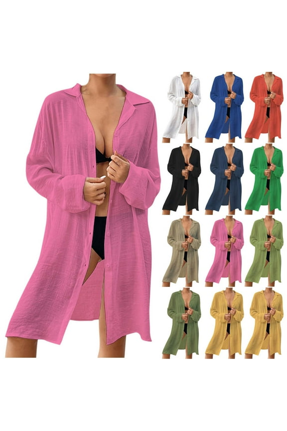 Taqqpue Women's Beach Cover up Long Sleeve Button Down Beach Shirts Summer Swimsuit Solid Color Kimono Cardigan Casual Beachwear Bathing Suit Sun Protection