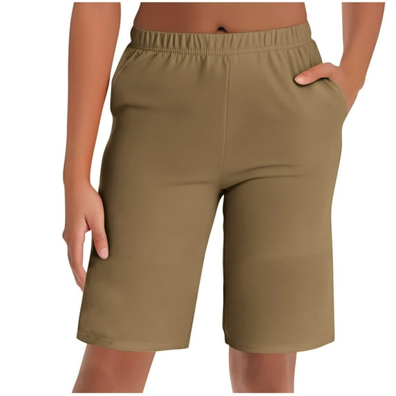 Taqqpue Women's Bermuda Shorts Knee Length Stretch Comfy Elastic Waist Long Shorts Summer Casual Solid Color Lounge Shorts with Pockets