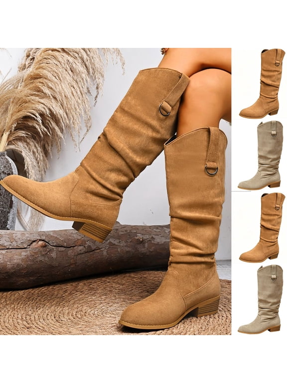 Women's Boots, Women's Casual Trendy Solid Color Pointed Toe Pleated Slouch Boots Winter Style Heel Tall Boots for Women