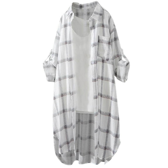 Taqqpue Women's Button Down Oversized Plaid Shirts Casual Long Sleeve Plus Size Mid-Length Blouses Tops Lightweight Loose Tunic Shirts with Pocket