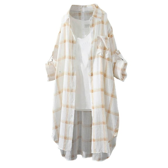 Taqqpue Women's Button Down Oversized Plaid Shirts Casual Long Sleeve Plus Size Mid-Length Blouses Tops Lightweight Loose Tunic Shirts with Pocket