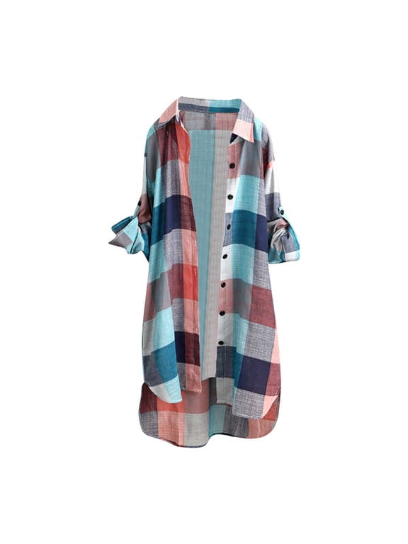 Taqqpue Women's Button Down Oversized Plaid Shirts Casual Long Sleeve Plus Size Mid-Length Blouses Tops Lightweight Loose Tunic Shirts with Pocket