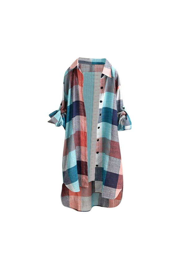 Taqqpue Women's Button Down Oversized Plaid Shirts Casual Long Sleeve Plus Size Mid-Length Blouses Tops Lightweight Loose Tunic Shirts with Pocket