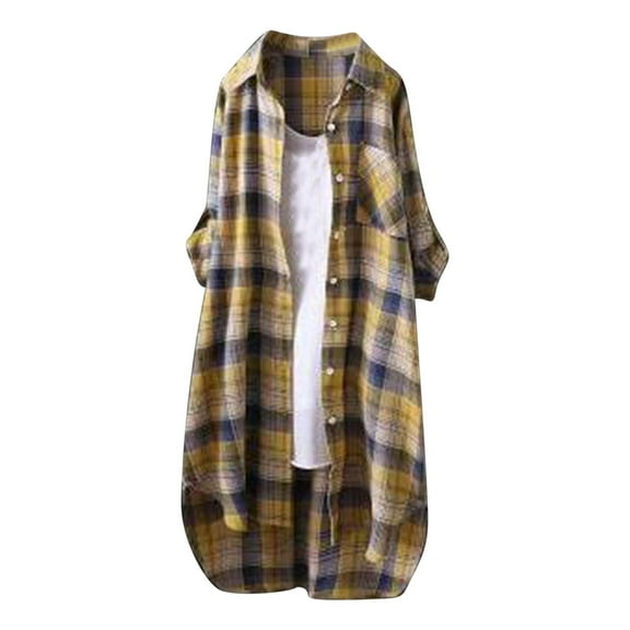 Taqqpue Women's Button Down Oversized Plaid Shirts Casual Long Sleeve Plus Size Mid-Length Blouses Tops Lightweight Loose Tunic Shirts with Pocket