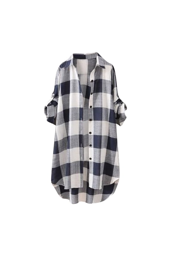 Taqqpue Women's Button Down Oversized Plaid Shirts Casual Long Sleeve Plus Size Mid-Length Blouses Tops Lightweight Loose Tunic Shirts with Pocket